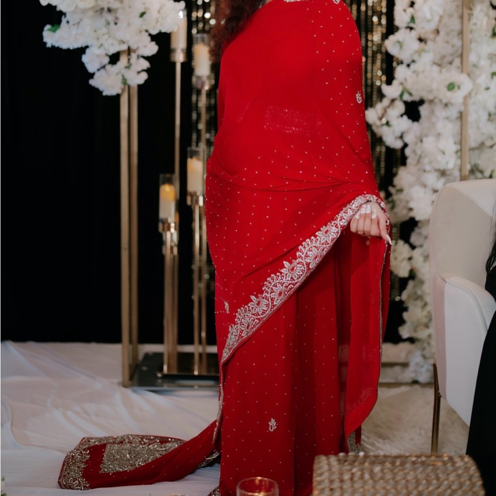Bridal Red Saree with Silver Embellishments